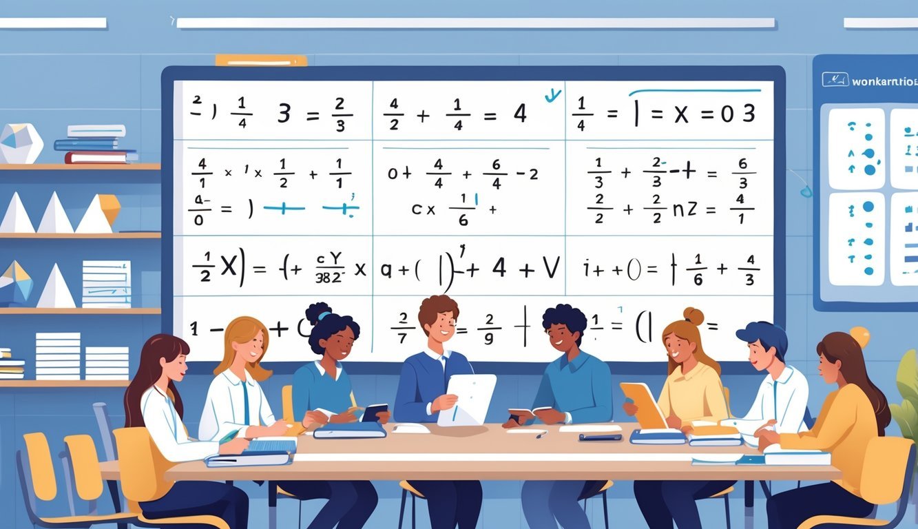 Učionica s učenicima i nastavnikom koji rade na algebarskim izrazima prikazanim na digitalnoj ploči.