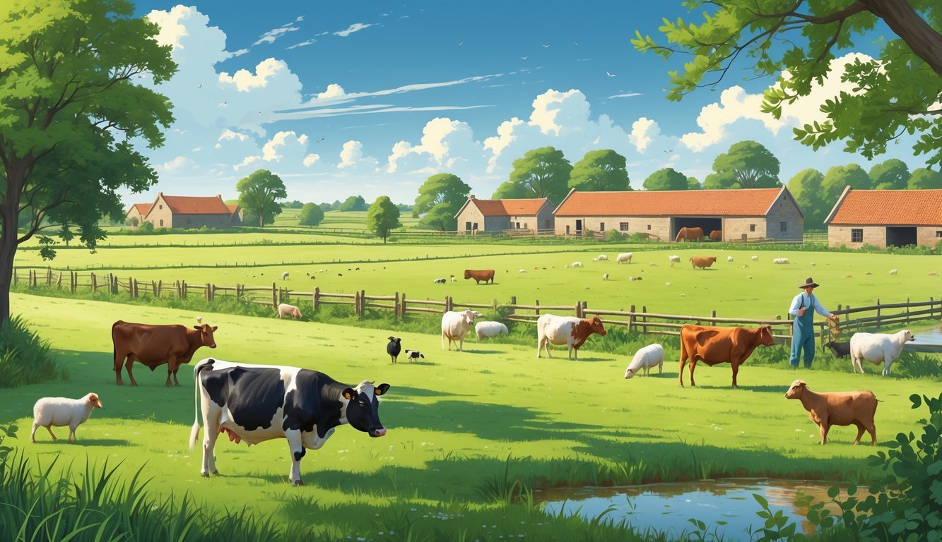 Ravna poljoprivredna livada s krdom krava, ovaca i kokoši, tradicionalnim seoskim kućama i seljakom koji brine o životinjama.