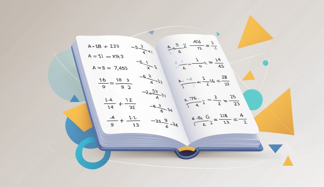 Ilustracija otvorene knjige ili digitalnog uređaja s prikazom algebarskih izraza i formula, okružena matematičkim simbolima i geometrijskim oblicima.