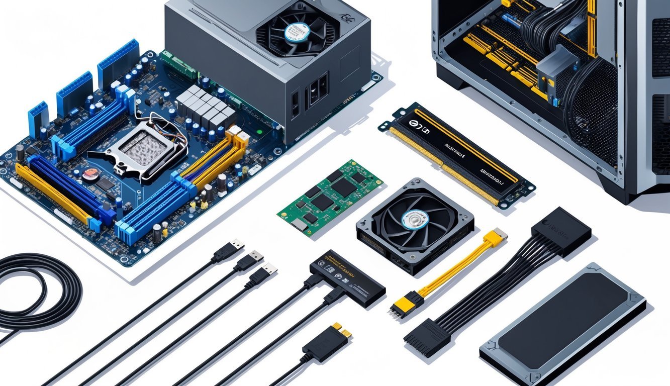 Ilustracija različitih dijelova računala poput matične ploče, procesora, memorije, grafičke kartice, napajanja i kućišta.