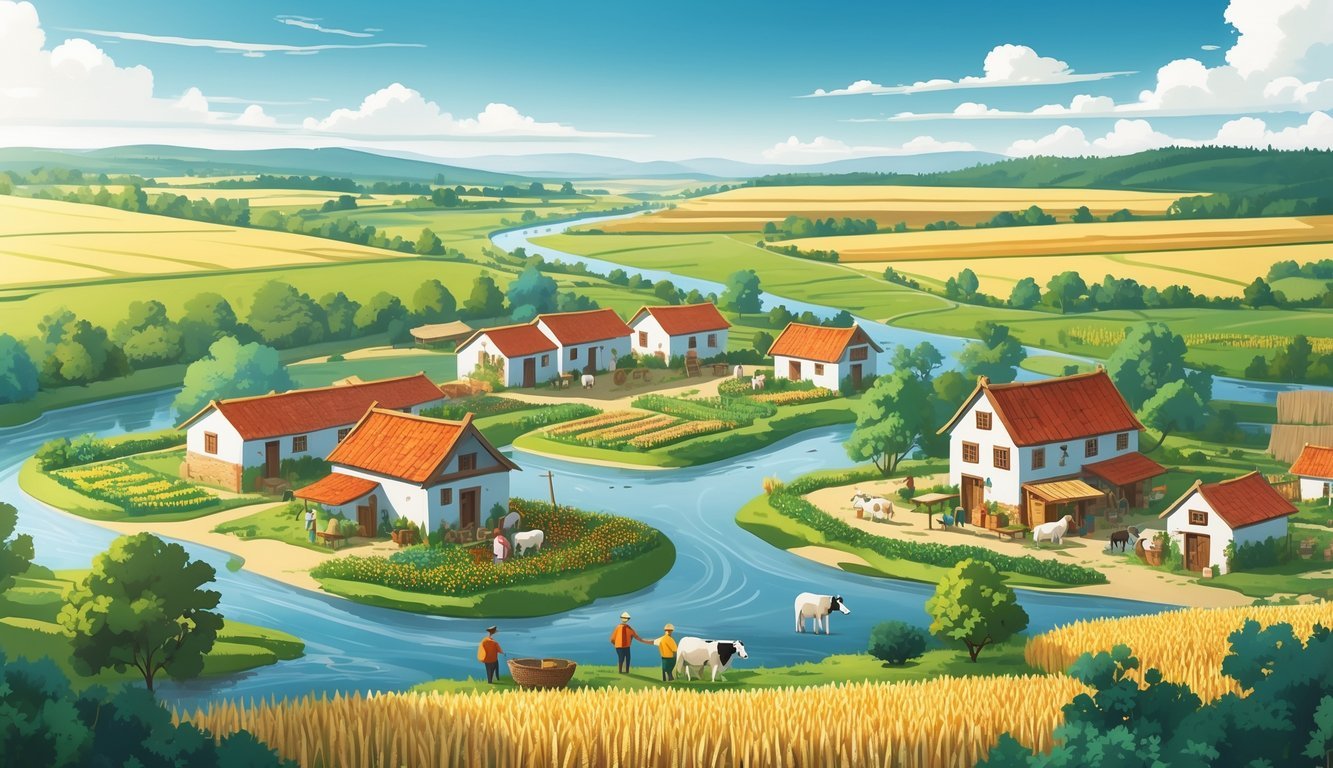 Prikaz nizinskog sela s poljima, rijekom, tradicionalnim kućama i ljudima koji obavljaju svakodnevne aktivnosti na selu.