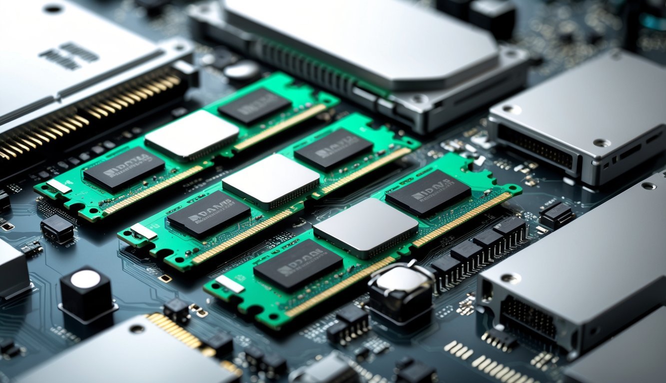 Prikaz računalnih komponenti s naglaskom na radnu memoriju i spremišnu memoriju, uključujući RAM module, SSD i tvrdi disk.