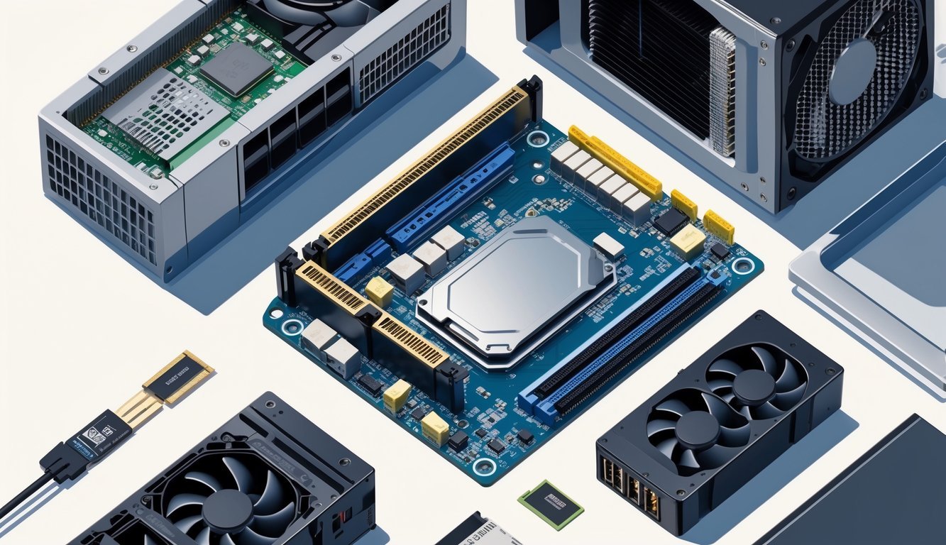 Ilustracija različitih dijelova računala poput matične ploče, procesora, memorije, grafičke kartice i napajanja, prikazanih zajedno na neutralnoj pozadini.