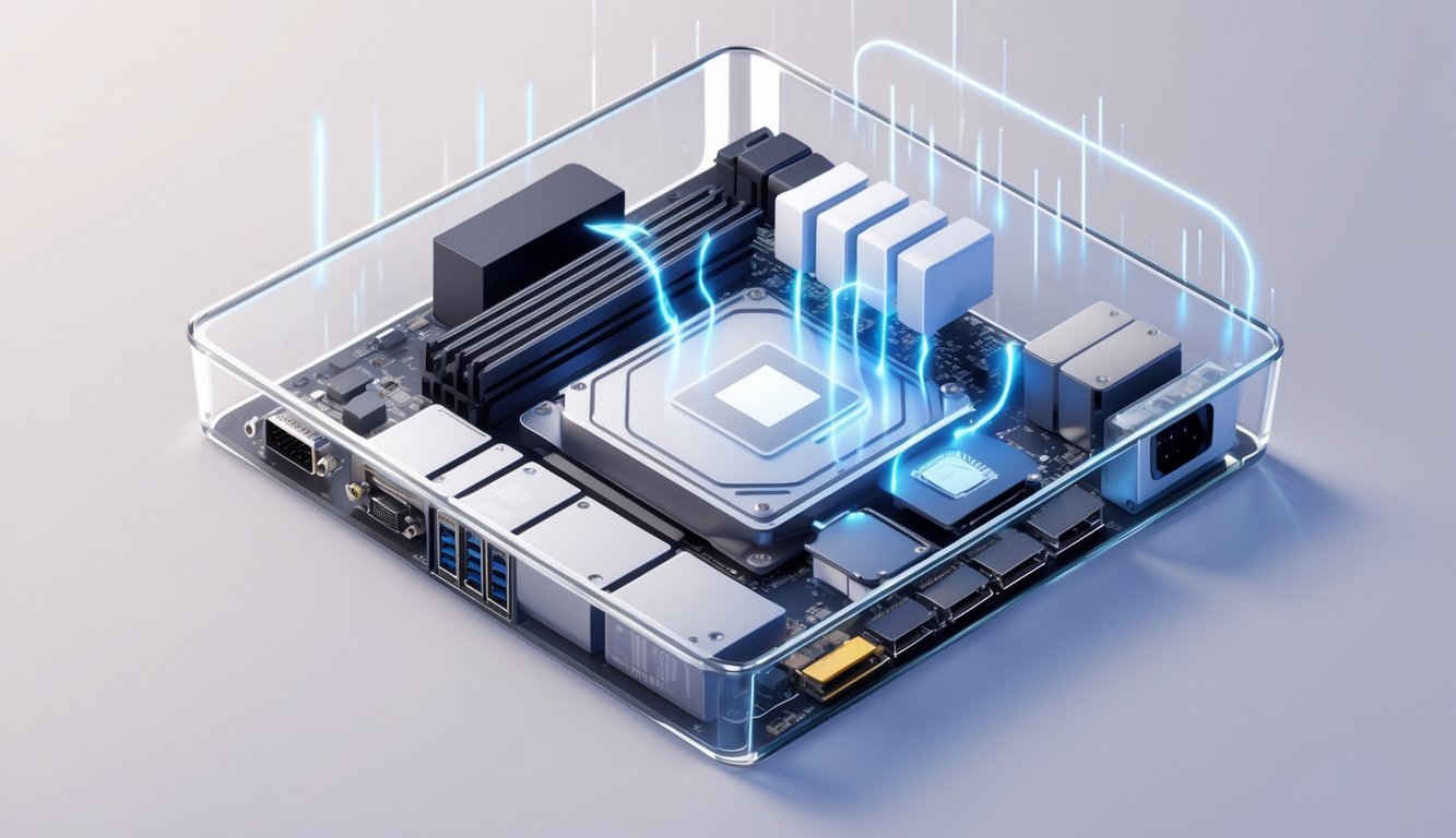 Prikaz unutrašnjih dijelova računala s istaknutim procesorom i prikazom prijenosa podataka tijekom pokretanja sustava.