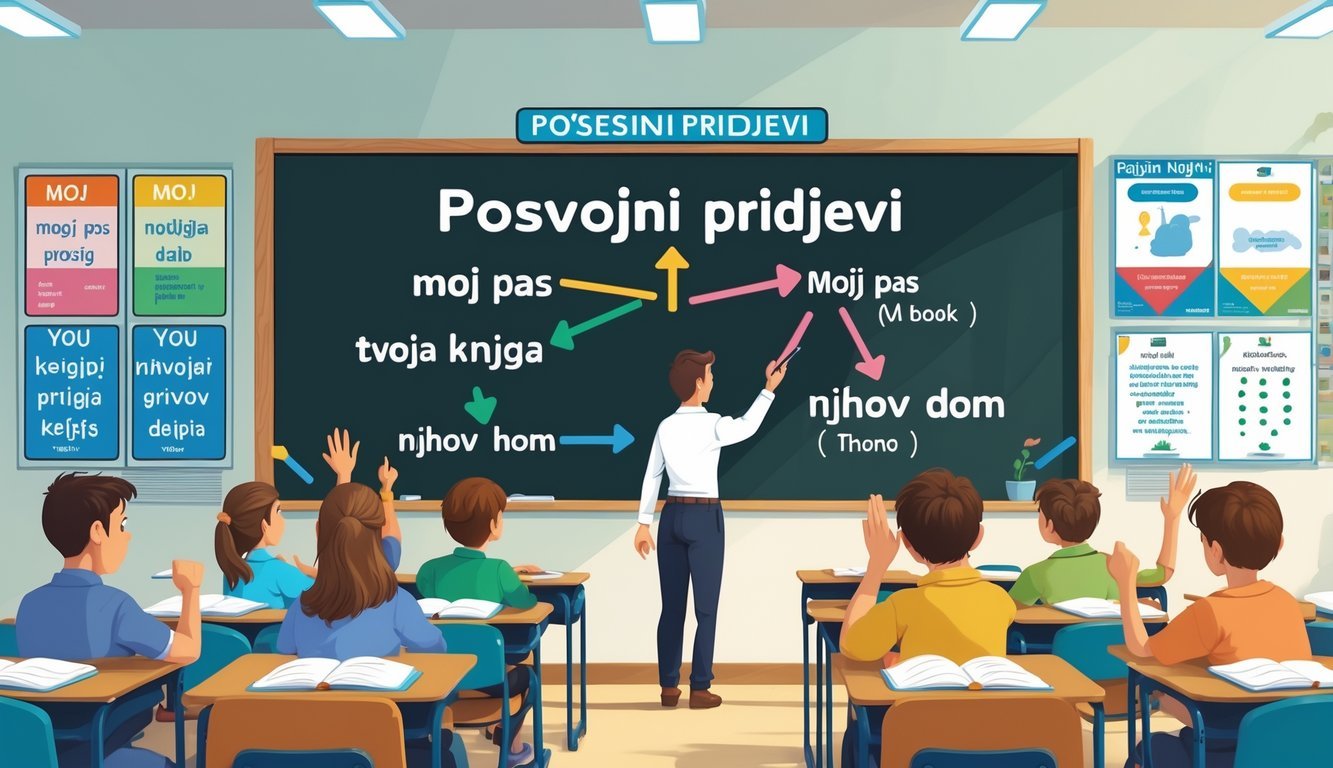 Učionica u kojoj učitelj pokazuje ploču s primjerima posvojnih pridjeva dok učenici pažljivo slušaju i pišu.