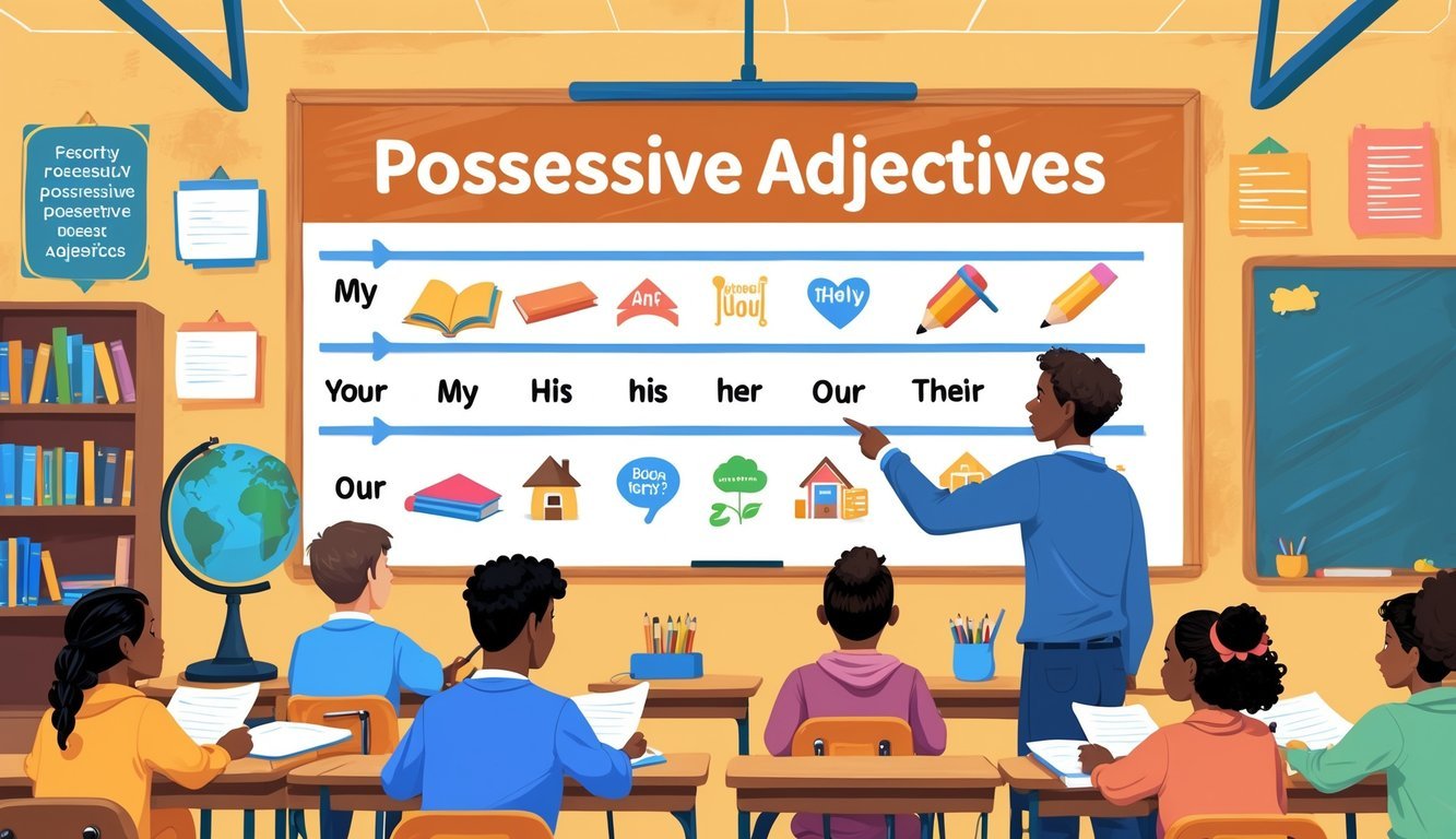 Učionica s učiteljem koji pokazuje na šareni prikaz posvojnih pridjeva dok učenici slušaju i pišu bilješke.