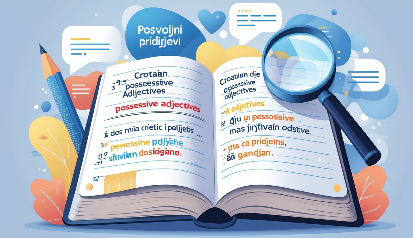 Ilustracija otvorene knjige s hrvatskim rečenicama koje prikazuju posvojne pridjeve i školski pribor poput olovke i lenjira uokolo.