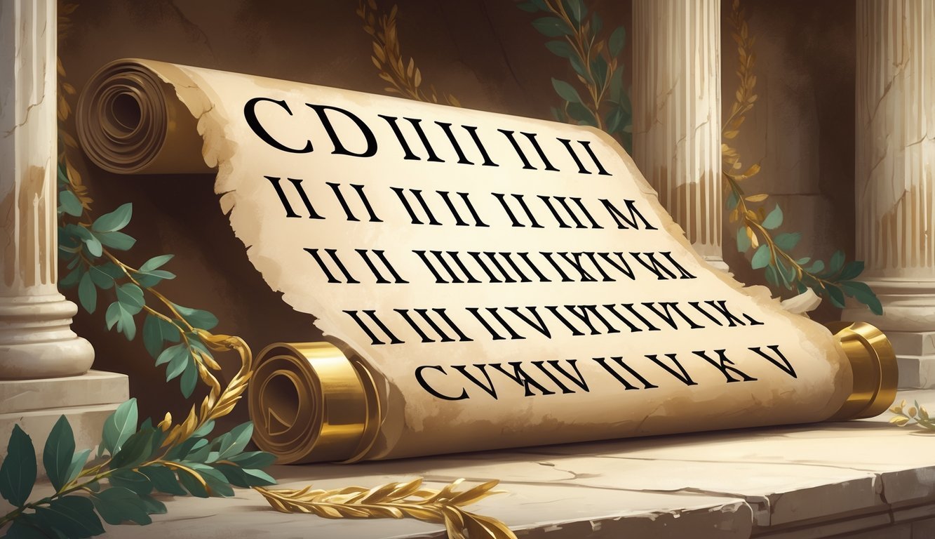 Ilustracija prikazuje rimske brojeve iznad 100 na starom rimskom papirusu s rimskim stupovima i lovorovim vijencima u pozadini.