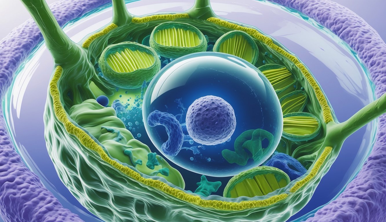 Biljna stanica prikazana s jasno vidljivim staničnim zidom, velikom središnjom vakuolom, kloroplastima i drugim organelama unutar stanice.