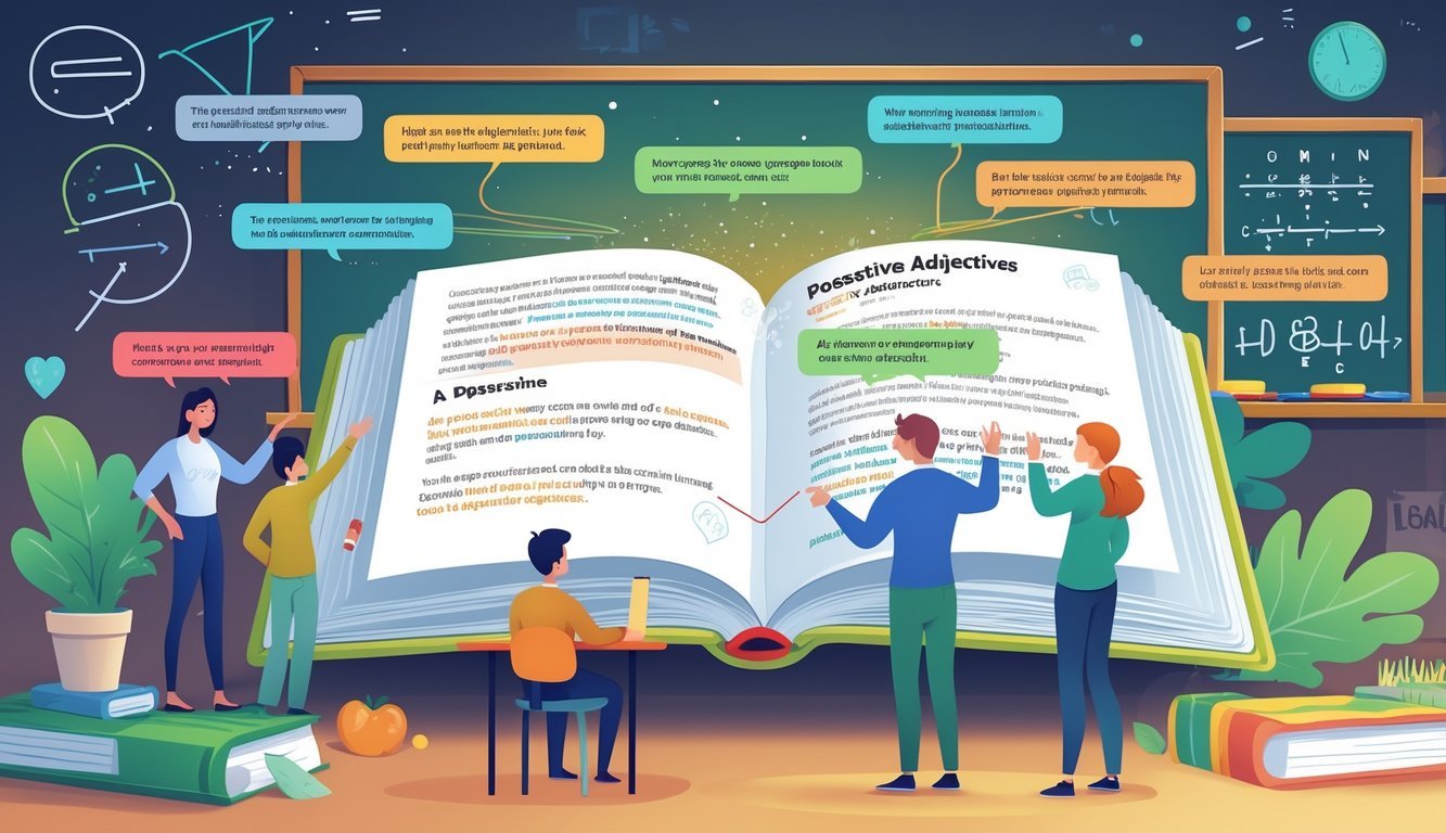 Ilustracija učionice s knjigom otvorenom na stolu, gdje ljudi proučavaju primjere rečenica s posvojim pridjevima.