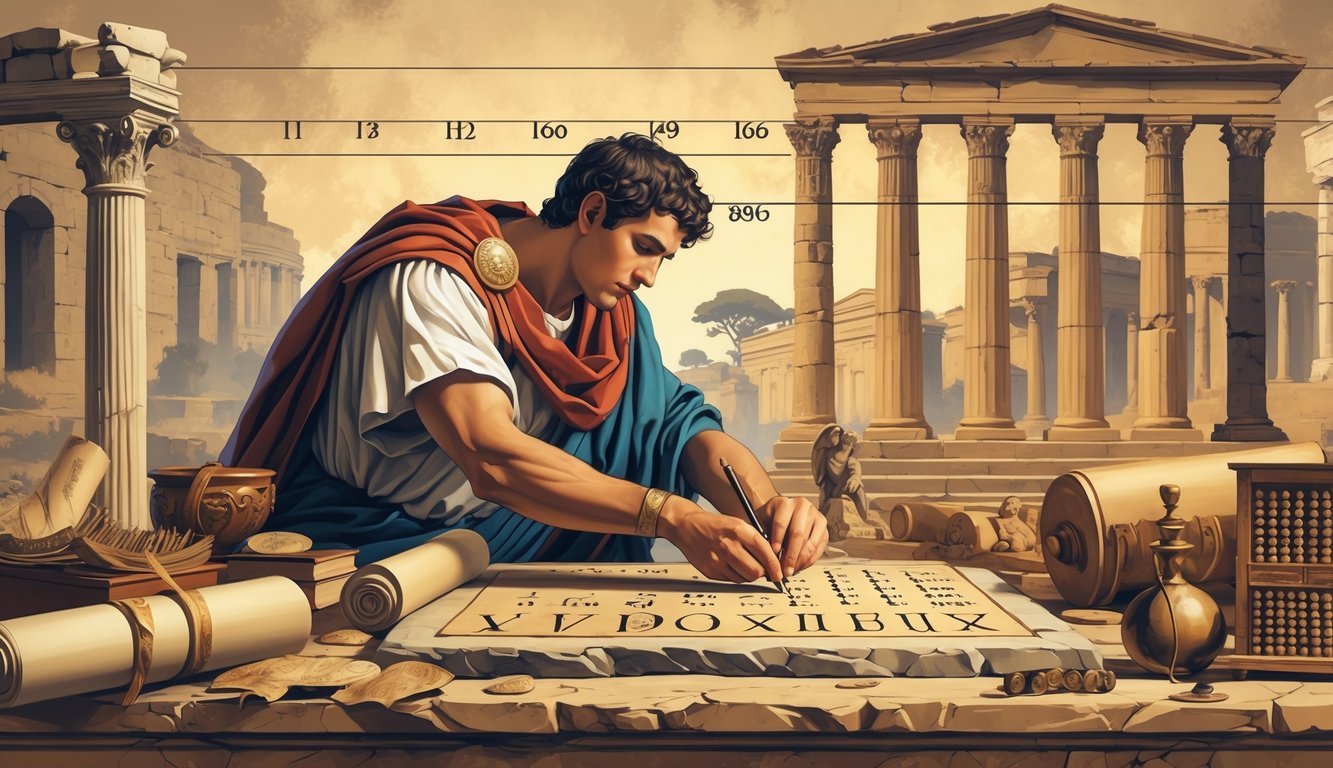 Prikaz rimskog učenjaka koji piše rimske brojeve na kamenu ploču, okružen drevnim predmetima i rimskim stupovima.