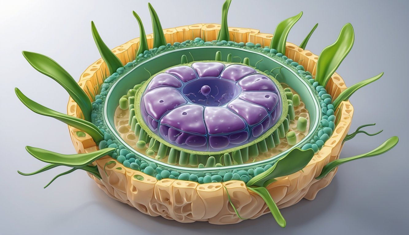 Prikaz jedne biljne stanice s vidljivim staničnim zidom, staničnom membranom, velikom središnjom vakuolom, kloroplastima, jezgrom i drugim organelama.
