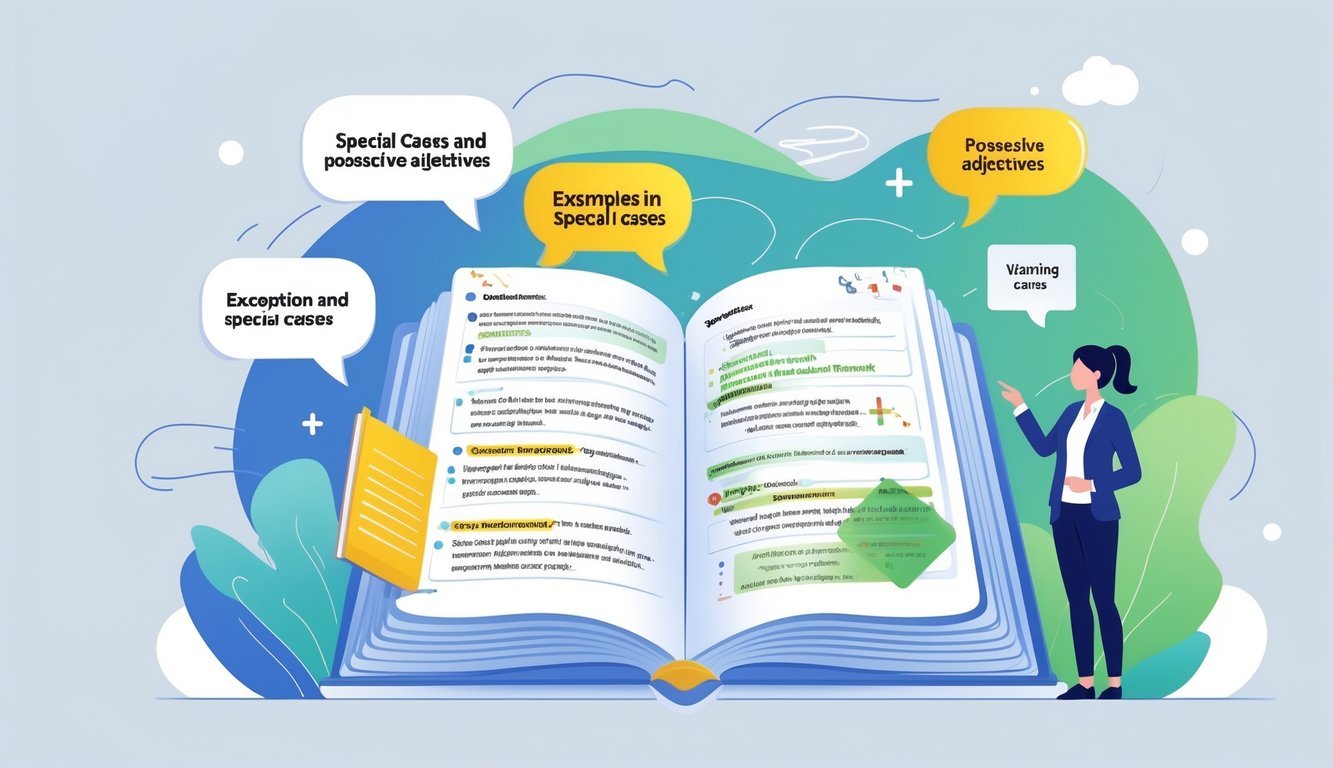 Ilustracija otvorene knjige s gramatičkim bilješkama o posvojim pridjevima, uz učitelja koji pokazuje na važne dijelove i simbole koji predstavljaju posebne slučajeve i iznimke.