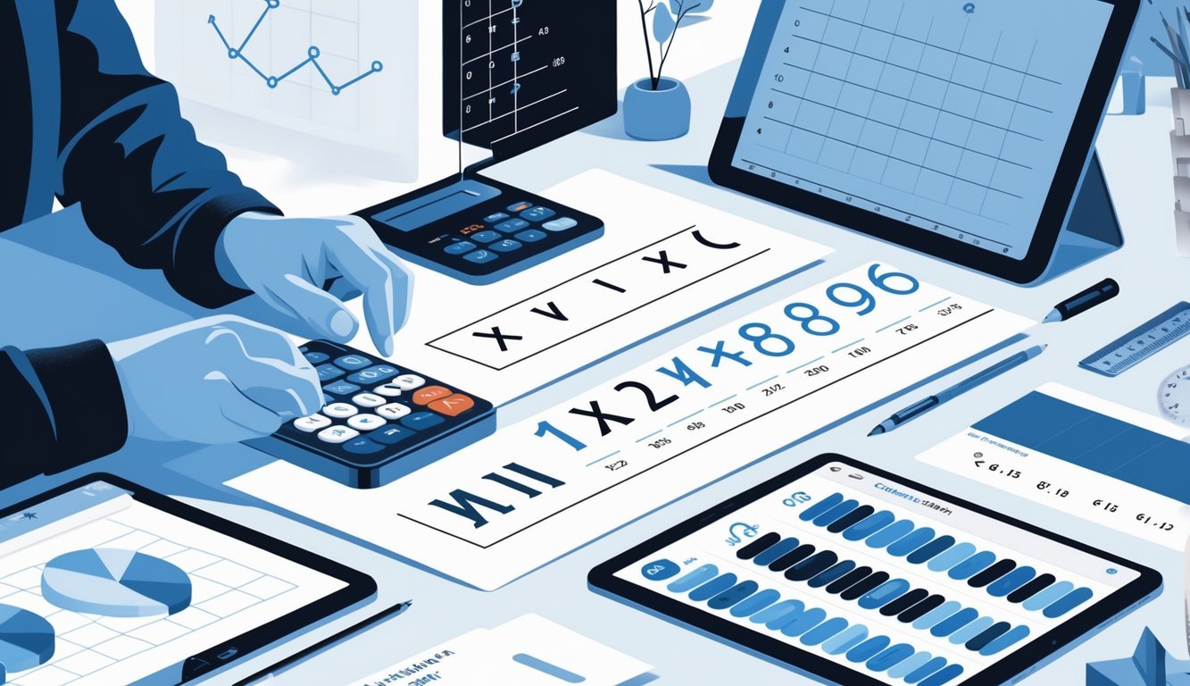 Osoba za radnim stolom koristi kalkulator i bilježi rimske brojeve, okružena dijagramima koji prikazuju pretvaranje rimskih brojeva u arapske.