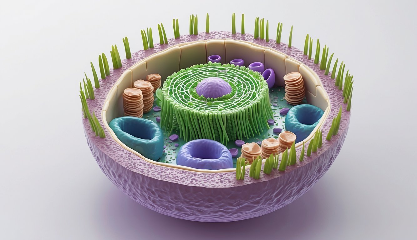 Prikaz biljke stanice u presjeku s vidljivim specifičnim organelama poput stanične stijenke, vakuole, kloroplasta, mitohondrija i jezgre.