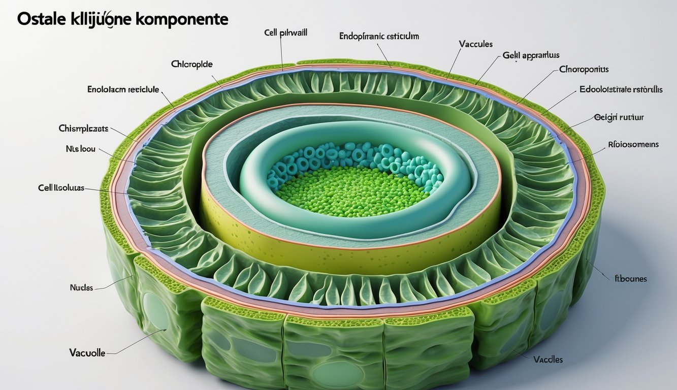 Prikaz presjeka biljne stanice s vidljivim ključnim organelama poput stanične stijenke, jezgre, kloroplasta i vakuole.