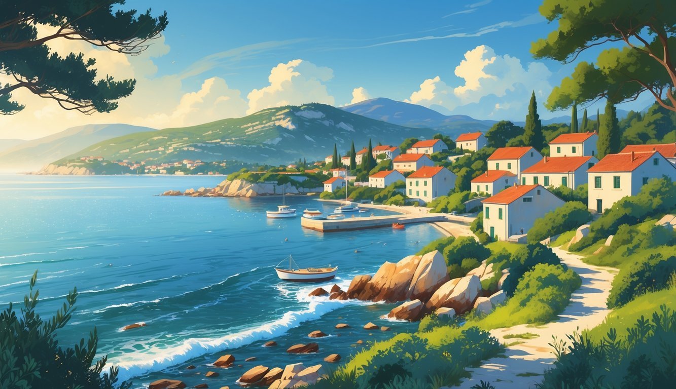 Primorski obalni krajolik s kamenitim obalama, kućama s crvenim krovovima, zelenim borovima i mirnim morem.