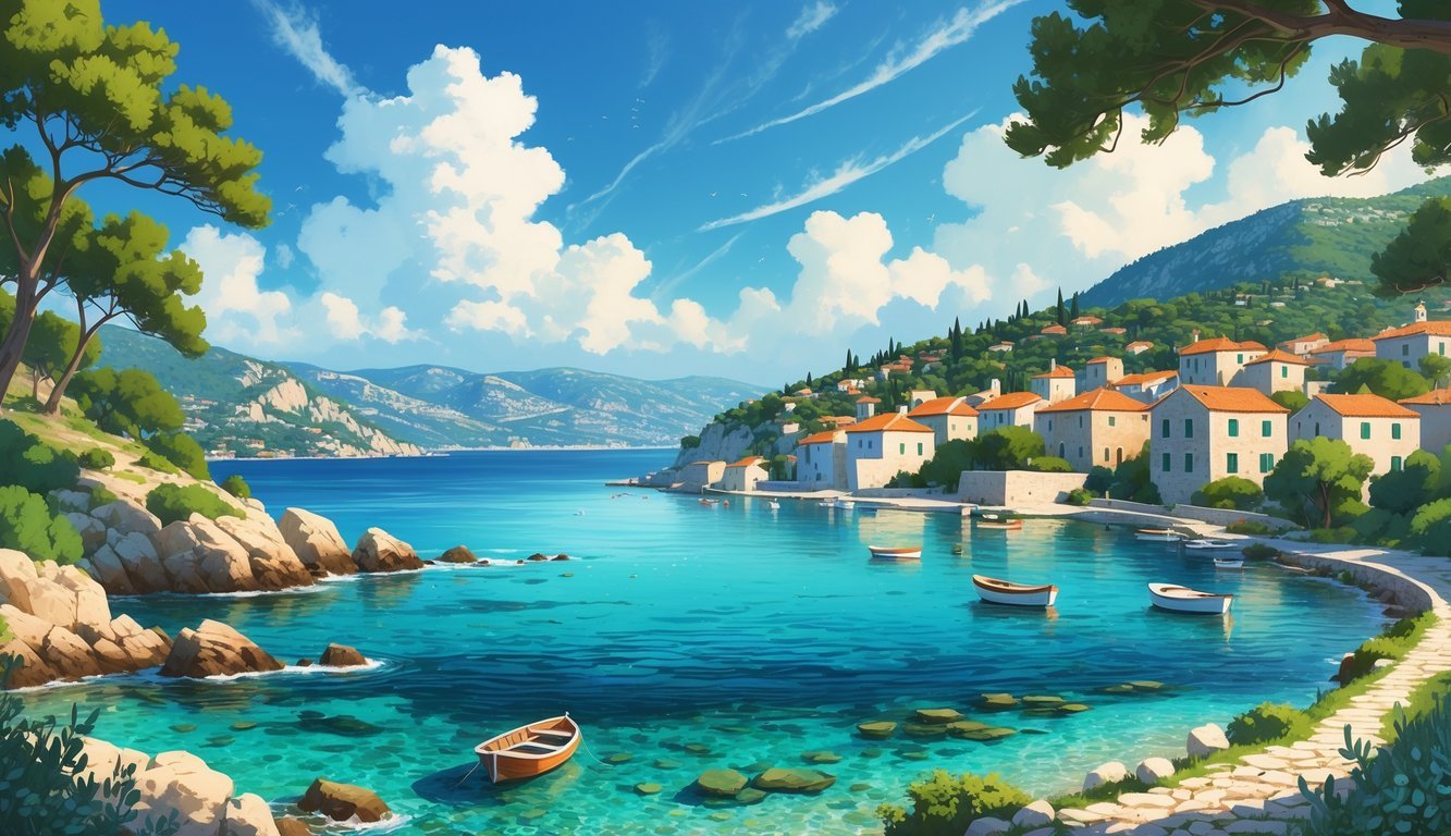 Pogled na hrvatsku obalu s kamenitim plažama, tradicionalnim kućama s crvenim krovovima, zelenim borovima i mirnim morem.