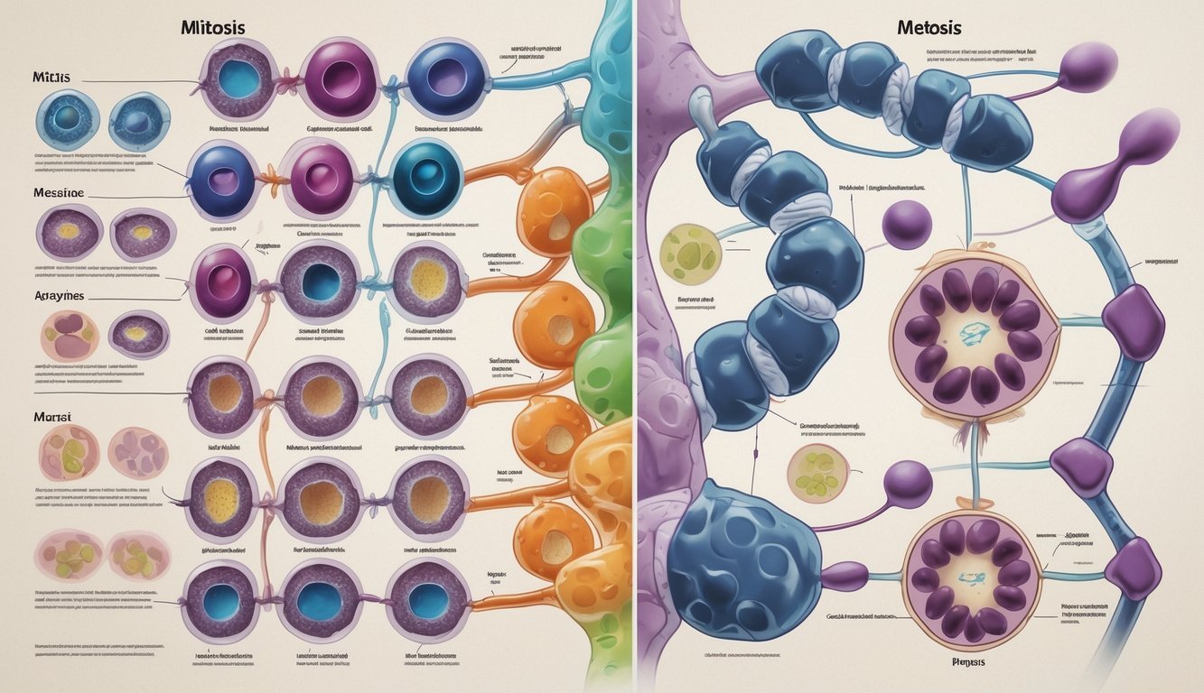 Prikaz osnovnih faza mitoza i mejoze u stanicama, s jasno vidljivim kromosomima i dijeljenjem stanica.
