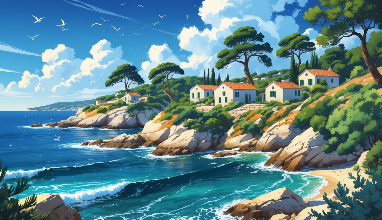 Prirodni krajolik obalne regije s kamenitim obalama, plavim morem, borovima i mediteranskim biljem te tradicionalnim kućama s crvenim krovovima.