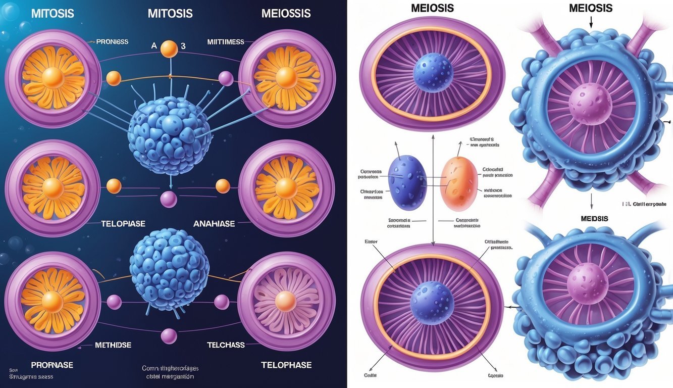 Ilustracija prikazuje tijek i specifičnosti diobe stanica kroz mitoza i mejoza, sa jasno prikazanim fazama i kromosomima unutar stanica.