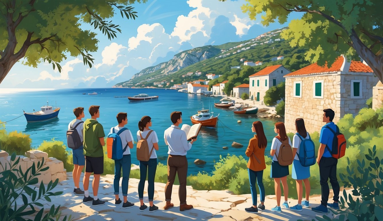 Skupina učenika i učitelj na obali Jadranskog mora uz tradicionalne primorske kuće i prirodu.