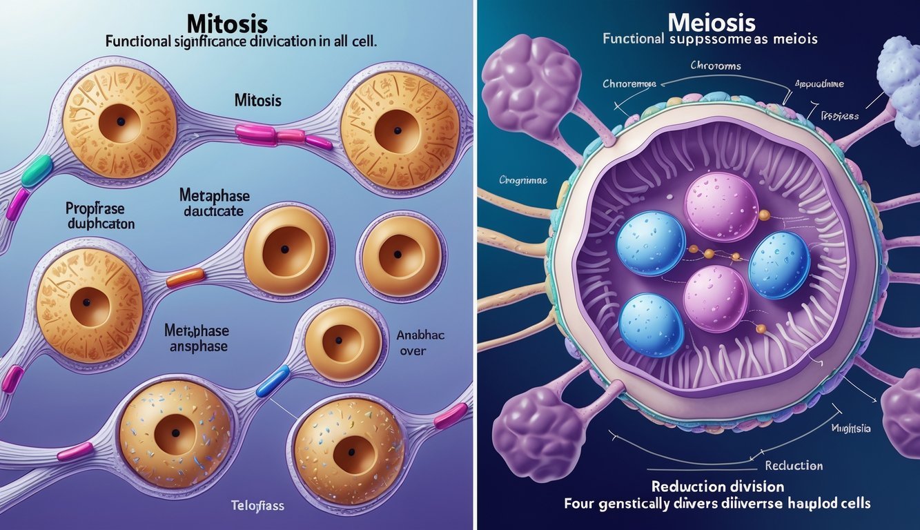 Ilustracija prikazuje dvije stanice koje prolaze kroz mitozu i mejozu, prikazujući faze diobe kromosoma i stvaranje novih stanica.