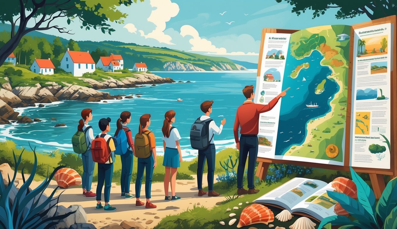Grupa učenika i učitelj na obali kraj mora, okruženi prirodom i tradicionalnim kućama, proučavaju kartu i predmete povezane s primorskim zavičajem.