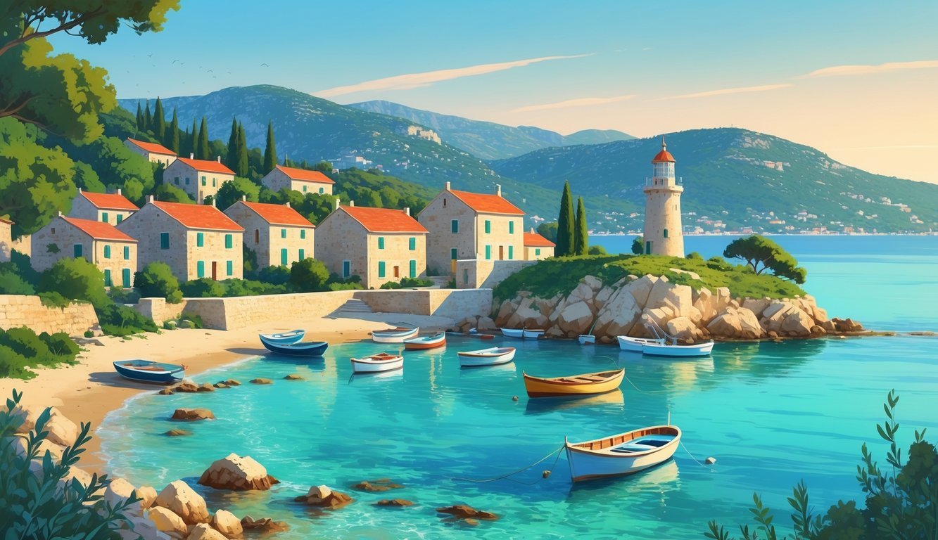 Pogled na obalu Primorske Hrvatske s kamenitim plažama, kamenim kućama s crvenim krovovima, malim ribarskim brodovima u luci i svjetionikom na stijeni, okruženim mediteranskim biljem i brdima u pozadini.