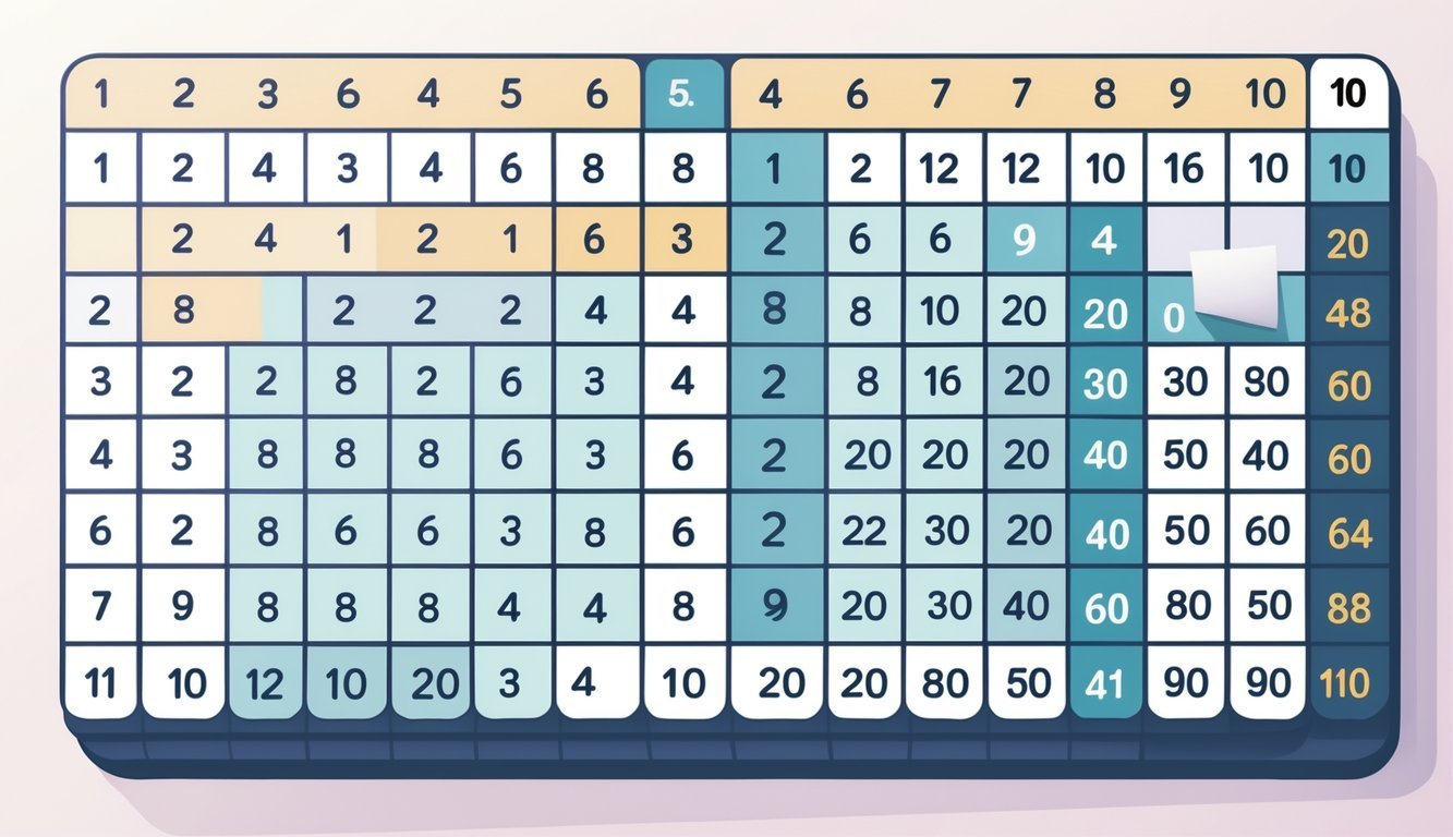 Tablica množenja s brojevima od 1 do 10 u mreži koja prikazuje proizvode redaka i stupaca.