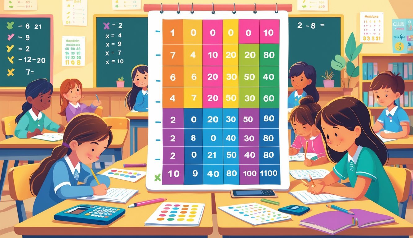 Ilustracija učionice s tablicom množenja i djecom koja uče matematiku.