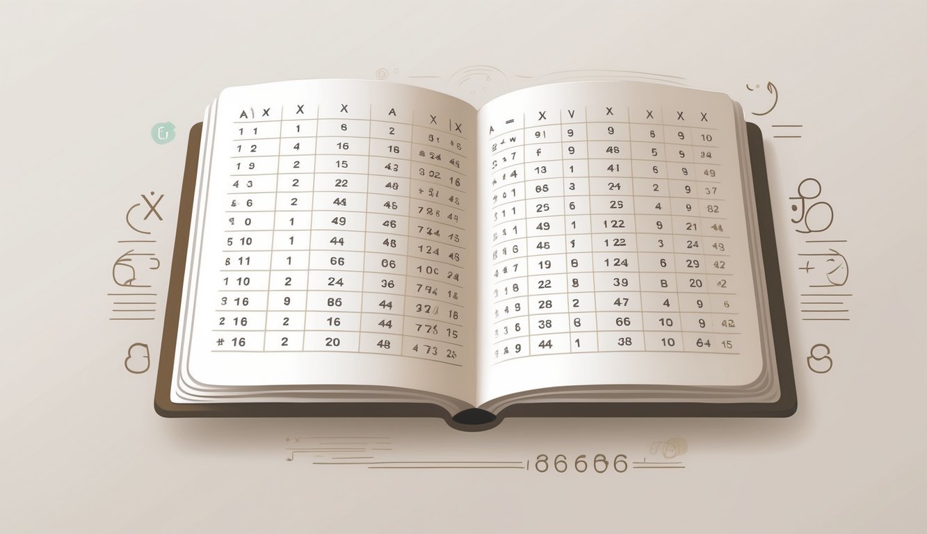 Ilustracija otvorene tablice s brojevima raspoređenim u redove i stupce koji prikazuju osnovne tablice množenja.