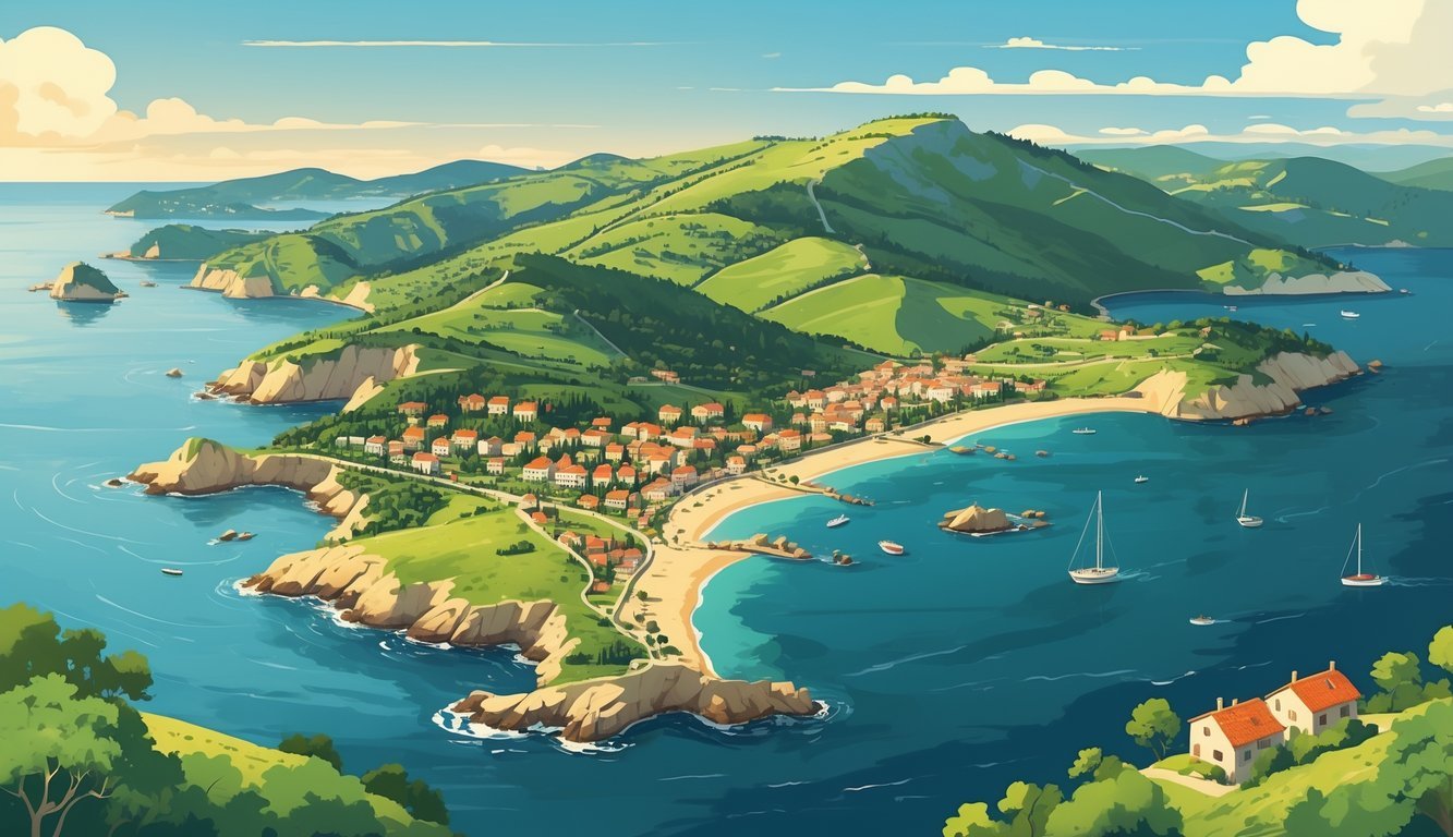 Ilustracija obalnih područja i regija Primorske Hrvatske s morem, brežuljcima, tradicionalnim selima, brodovima i vinogradima.