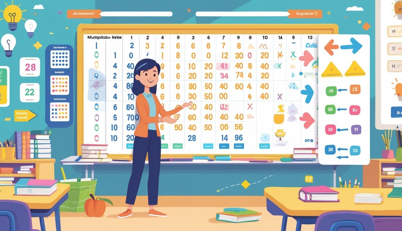 Učitelj stoji pored velike šarene tablice množenja s vizualnim pomagalima u učionici.