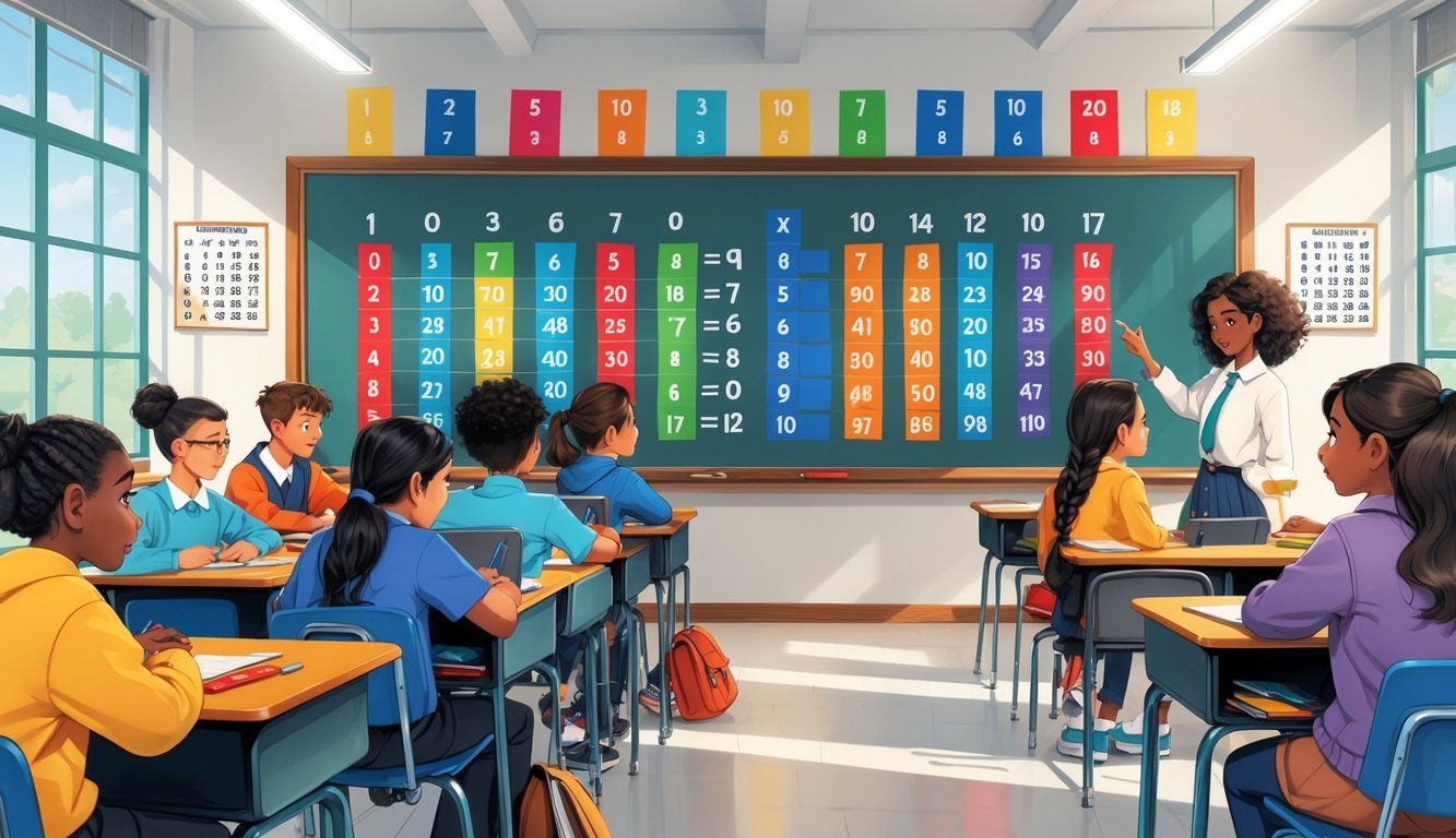 Učionica s učenicima srednje dobi koji uče tablicu množenja uz pomoć učitelja i vizualnih pomagala.