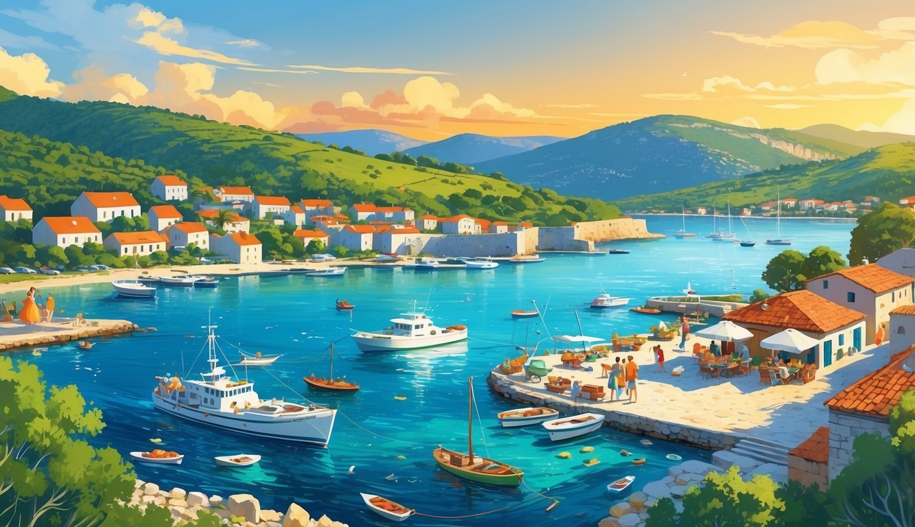 Pogled na obalu Hrvatske s plavim morem, ribarskim brodovima, crvenim krovovima kuća, maslinicima i vinogradima te ljudima koji uživaju u obalnom krajoliku.