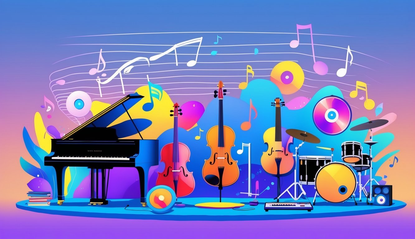 Ilustracija različitih glazbenih instrumenata i simbola koji prikazuju različite vrste glazbe.
