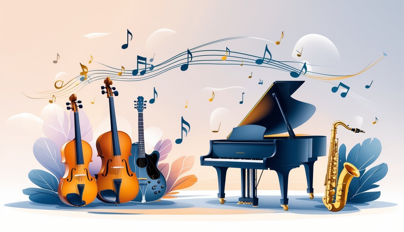 Prikaz različitih glazbenih instrumenata poput violine, gitare, klavira, bubnjeva i saksofona s apstraktnim prikazima glazbenih valova i nota u pozadini.