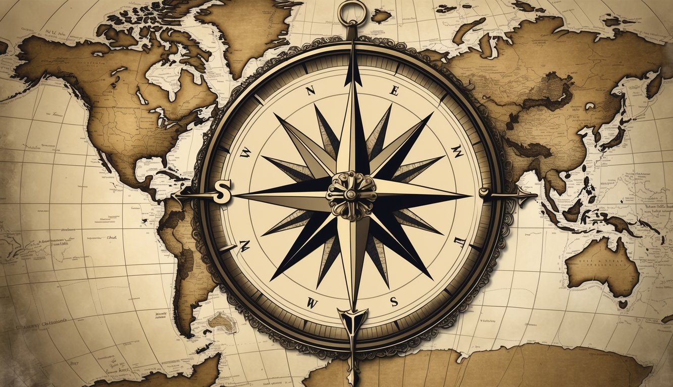 Ilustracija kompasa na staroj karti svijeta s prikazom četiri glavna smjera.