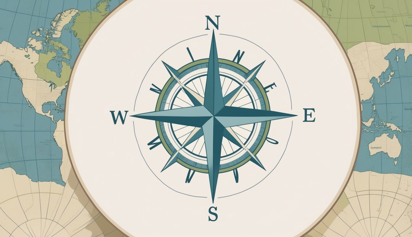 Ilustracija kompasa s četiri osnovna smjera svijeta okružena stiliziranim prikazom zemljine kugle.