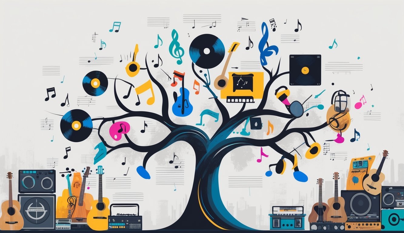 Ilustracija stabla s granama koje predstavljaju različite glazbene žanrove, svaki s karakterističnim glazbenim instrumentima i simbolima.