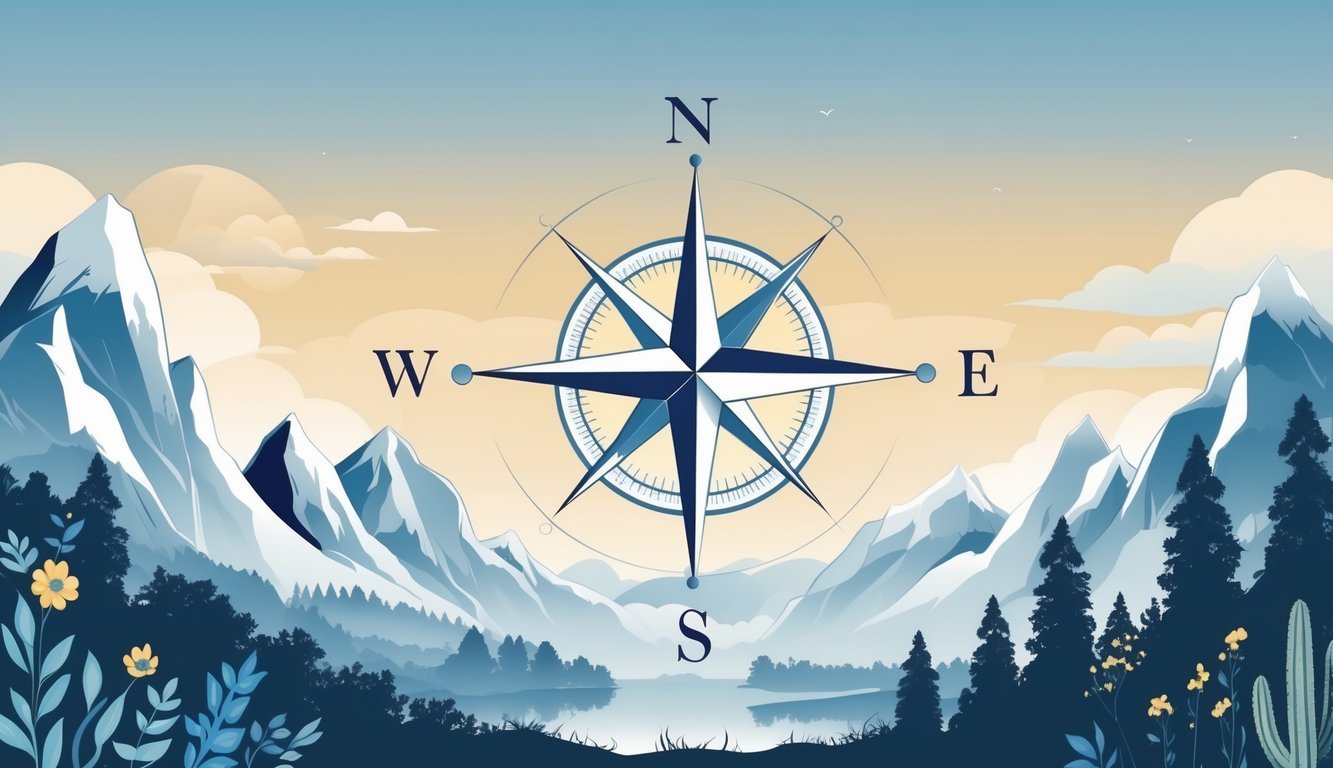 Ilustracija kompasa s četiri glavne strane svijeta okružena simbolima prirode za sjever, istok, jug i zapad.