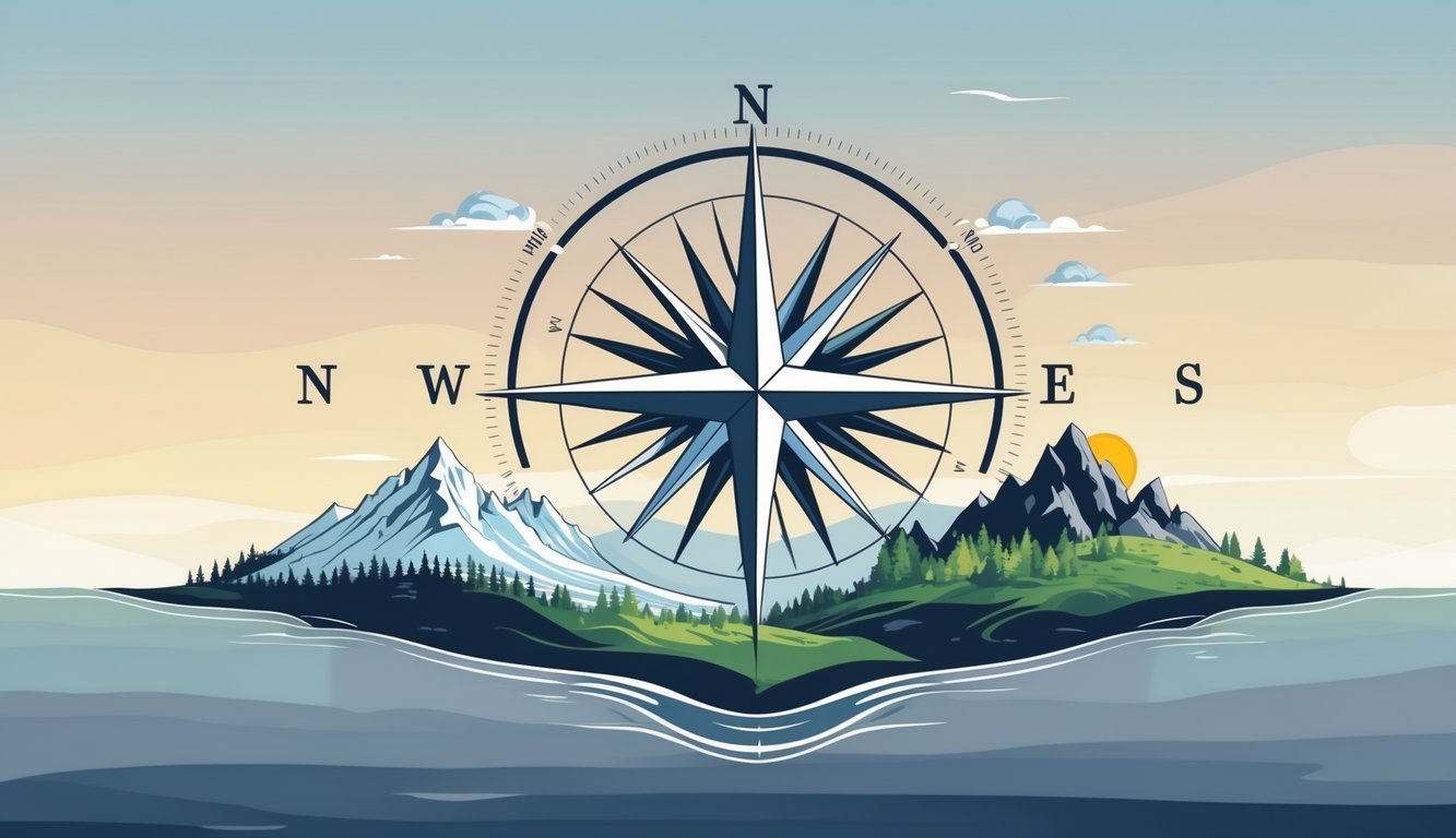 Ilustracija kompasa s četiri glavne strane svijeta okružena simbolima za sjever, jug, istok i zapad.