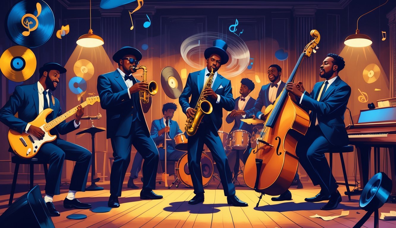 Glazbenici sviraju saksofon, trubu, kontrabas, klavir i gitaru u jazz klubu s toplim osvjetljenjem.