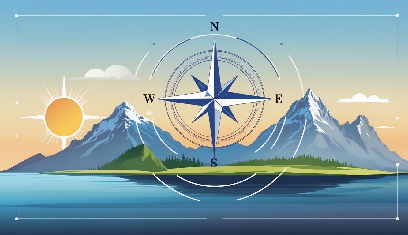 Ilustracija kompasa s prikazom četiri glavne strane svijeta i prirodnih elemenata poput sunca, planina i mora.