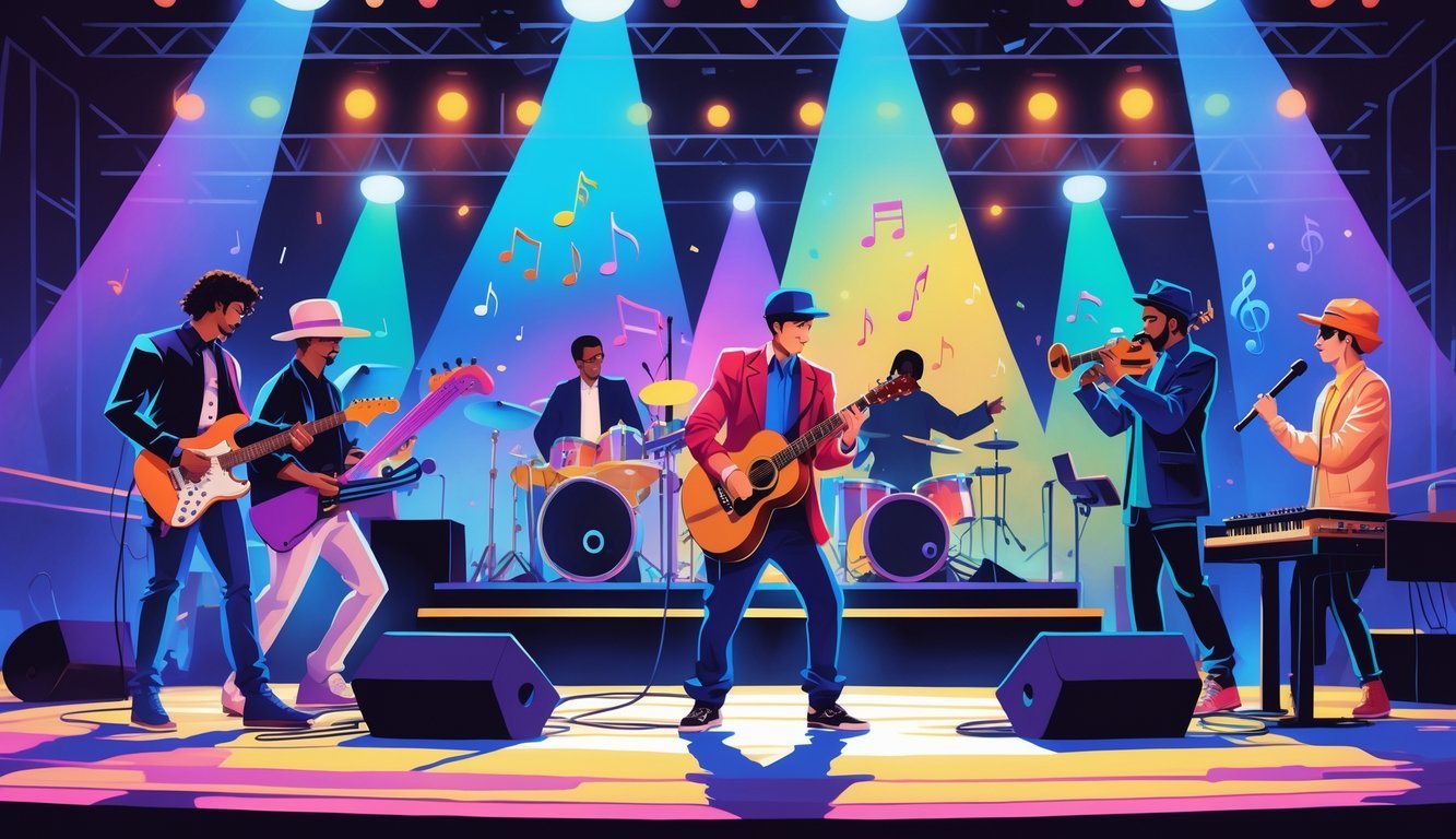 Scena s glazbenicima koji sviraju različite vrste glazbe na pozornici s glazbenim instrumentima.