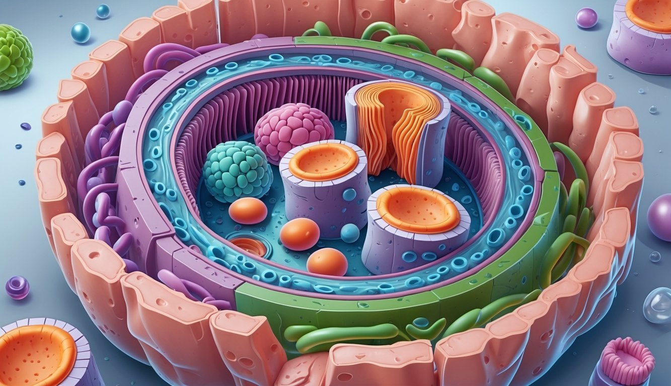 Prikaz životinjske stanice s vidljivim organelama poput jezgre, mitohondrija, endoplazmatskog retikuluma, Golgijevog aparata i stanične membrane.