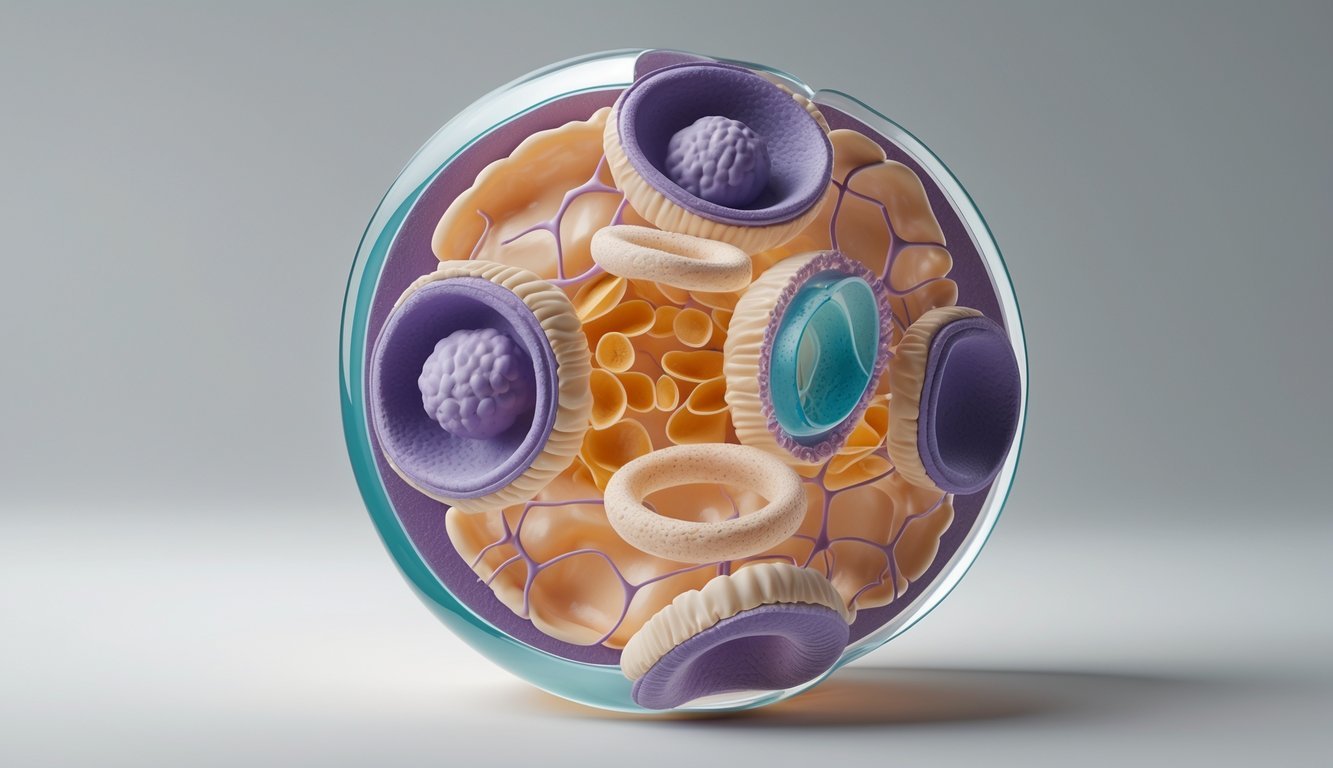 Prikaz unutarnje strukture životinjske stanice s vidljivim organelama poput jezgre, mitohondrija, endoplazmatskog retikuluma, Golgijevog aparata, lizosoma, citoplazme i stanične membrane.