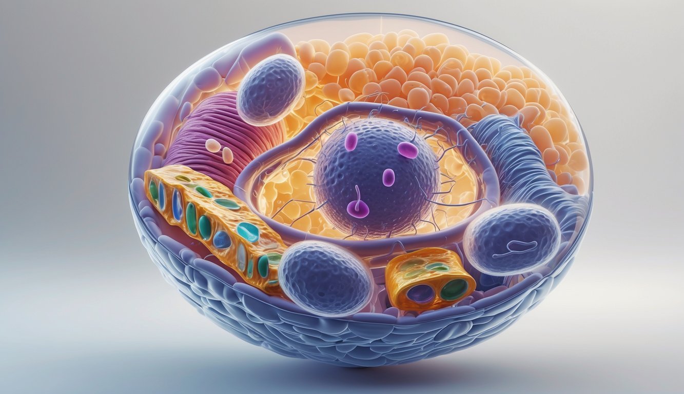 Prikaz životinjske stanice s vidljivim unutarnjim dijelovima poput jezgre, mitohondrija, endoplazmatskog retikuluma, Golgijevog aparata i stanične membrane.