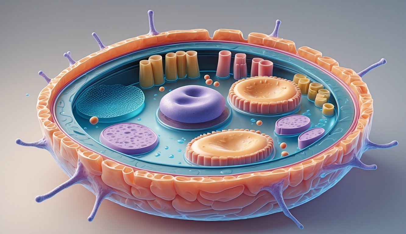 Prikaz životinjske stanice s glavnim organelama kao što su jezgra, mitohondriji, endoplazmatski retikulum, Golgijev aparat, lizosomi, ribosomi, citoplazma i stanična membrana.